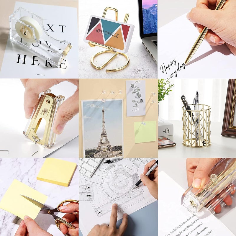 Famassi Gold Desk Accessories, Acrylic Stapler, Staple Remover, Tape Holder, Pen Holder, Ballpoint Pen, Scissor, Binder Clips, 1000pcs Staples, Phone Holder, Ruler, Transparent Glue and 300 Notes - Image 5
